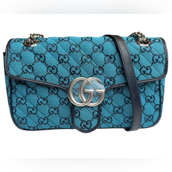 ✨🛍️ NWT Gucci Blue Denim Diagonal Quilted Small GG Marmont Flap Bag - Picture 1 of 6